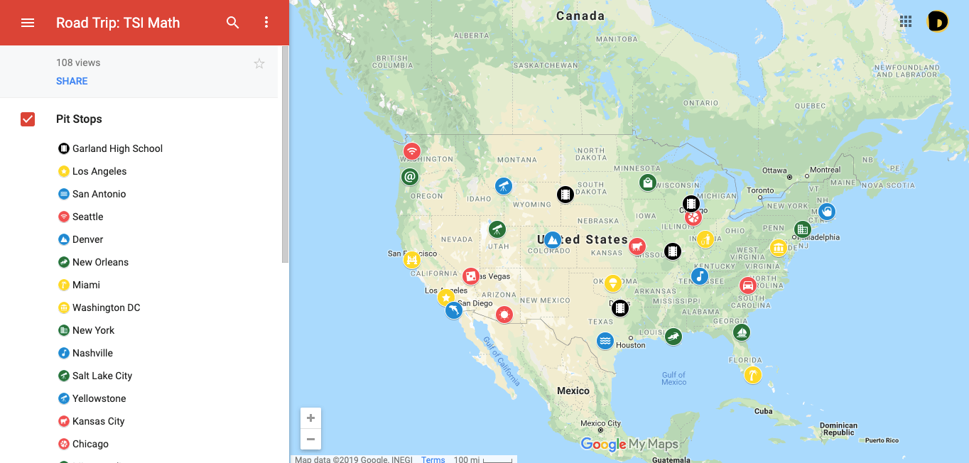 Google MyMaps math activity screenshot